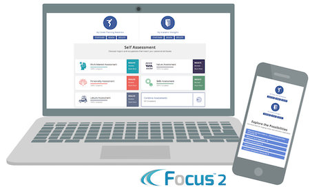 a laptop and smart phone with focus2career website displayed